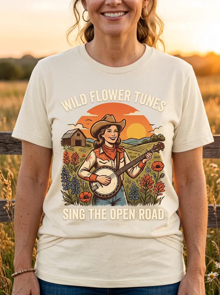 Western-Inspired Motif Women's Country Music Crew-Neck T-Shirt