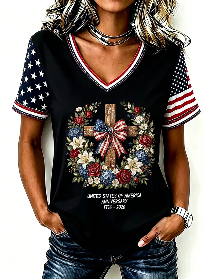 Women'S One Nation Under God Print Casual V-Neck T-Shirt