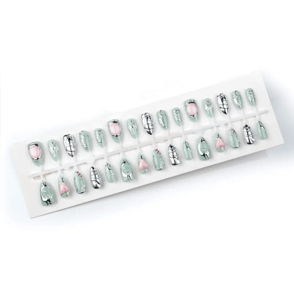 Nailhour 30Pcs Nude Cat Eye Chrome Medium Almond Press On Nails
