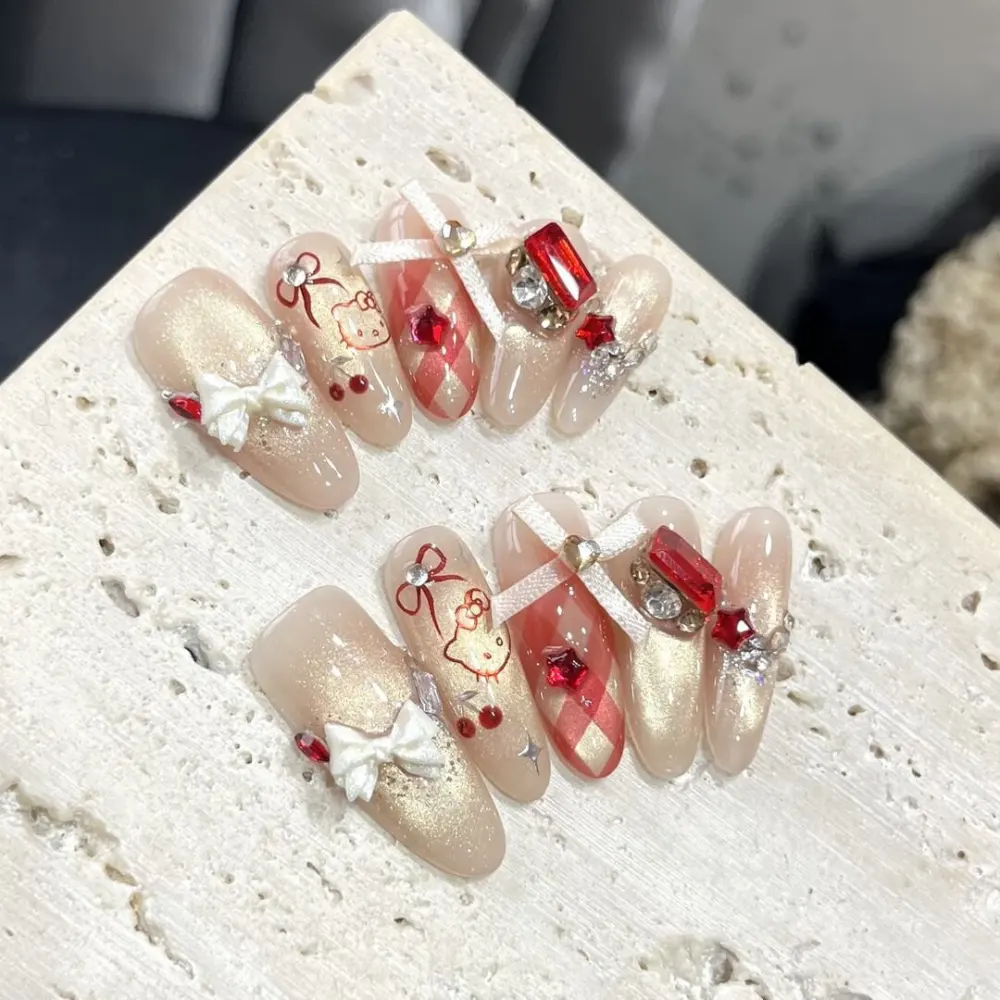 Nailhour Handmade 10Pcs 3D Cat Eye Rhinestone Long Oval Press On Nails