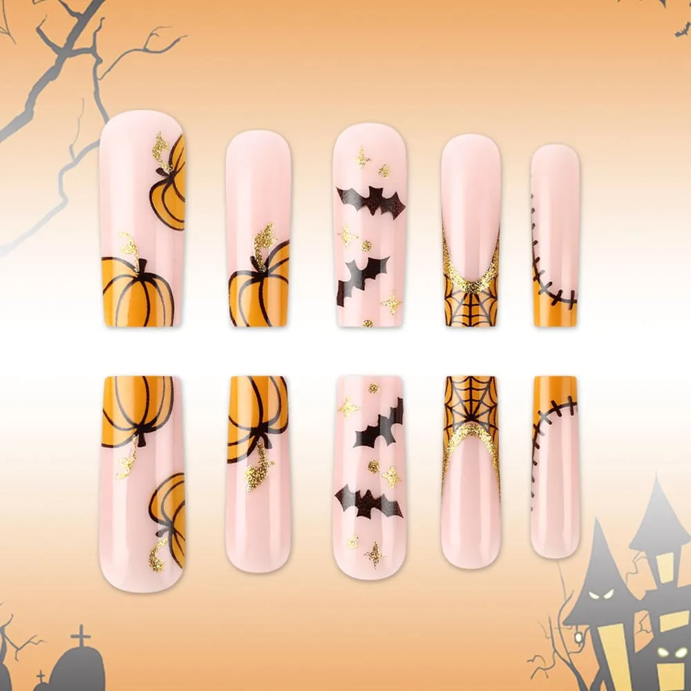 Nailhour 24Pcs Orange Glossy Funny Spider Halloween Long Coffin Press On Nails