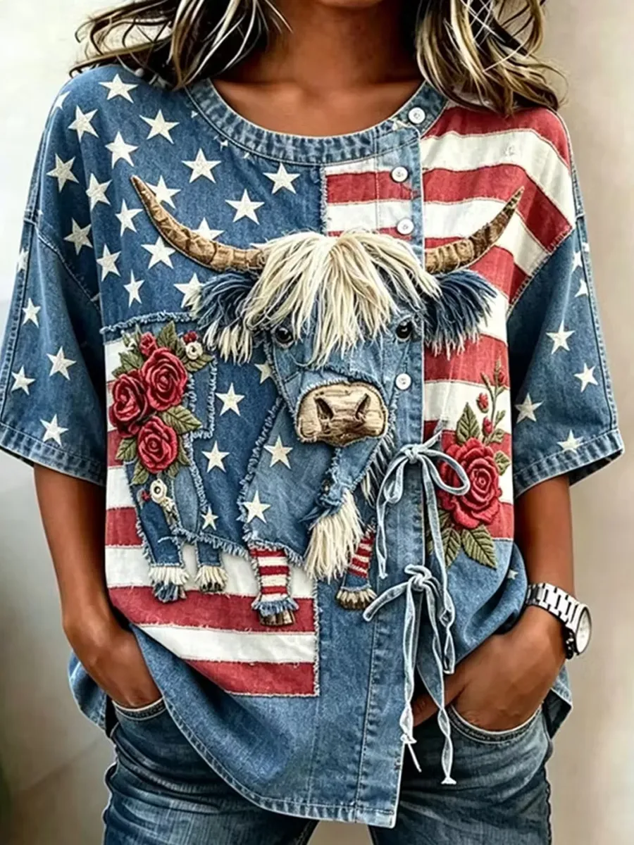American Flag and Highland Cow Patchwork Design Women's Vintage Top