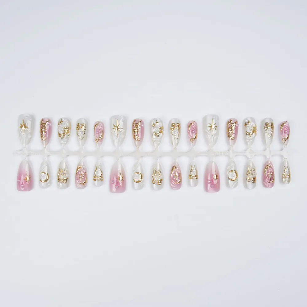 Nailhour 30Pcs 3D Medium Almond French Star Gilded Press On Nails