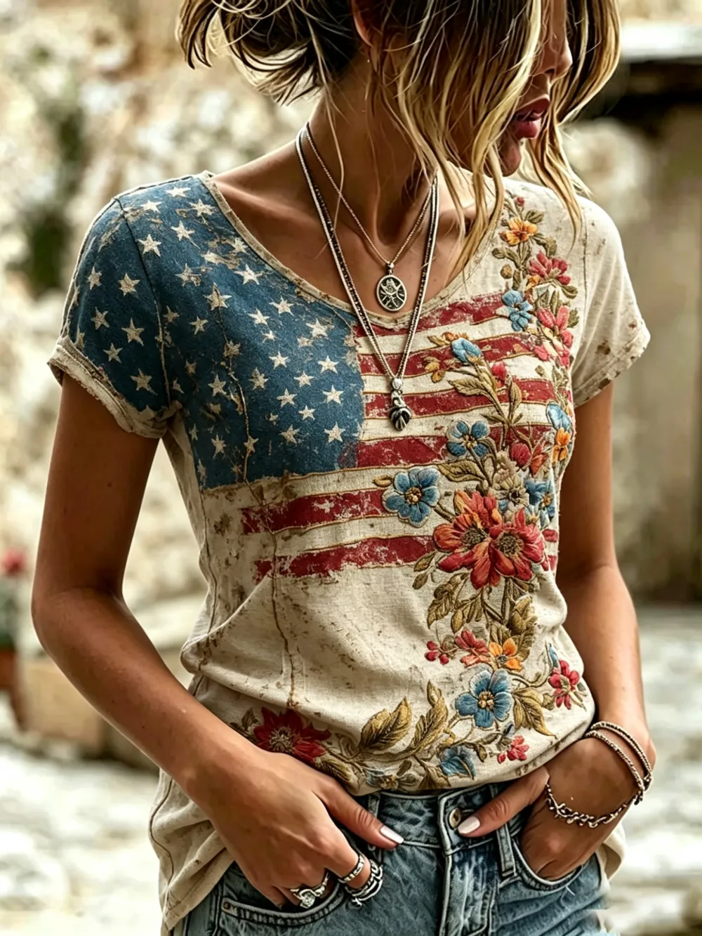 Women's Vintage USA Flag Print T-Shirt
