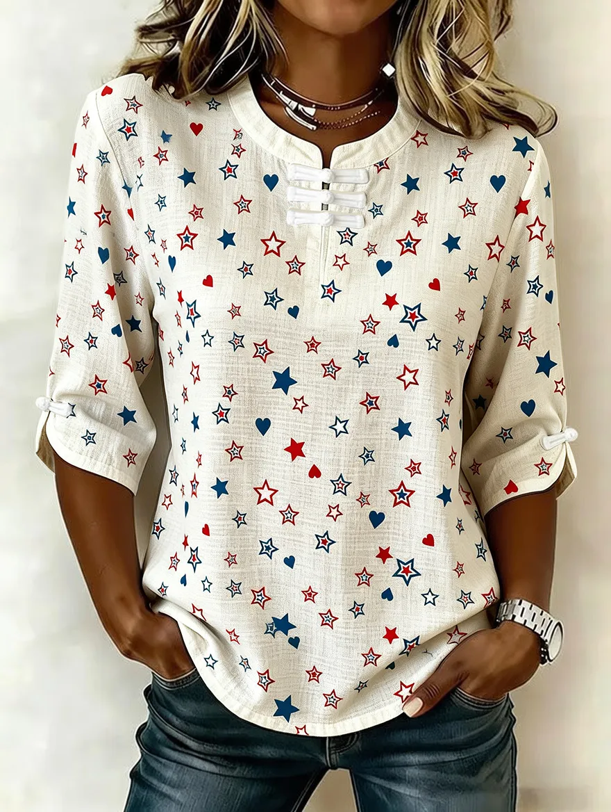 Women's Retro Flag Print Cotton Linen Top