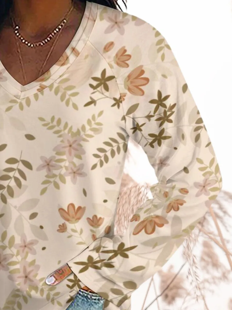 Casual Floral V-Neck T-Shirt