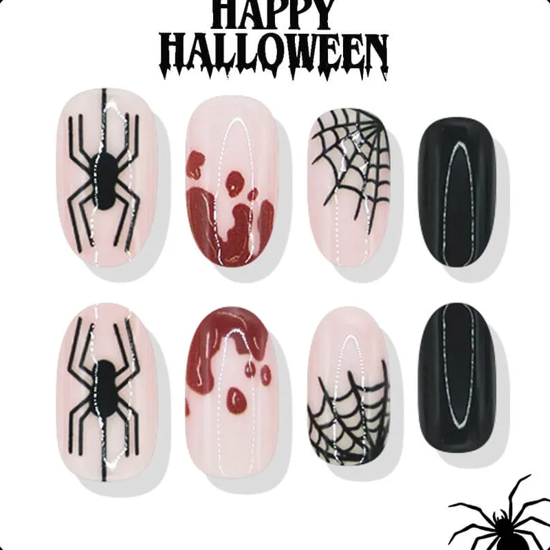 Nailhour 24Pcs Halloween Short Oval Nude Spider Press On Nails