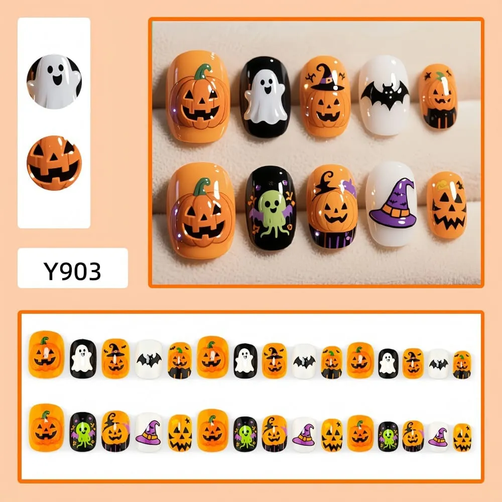 Nailhour 30Pcs Halloween Short Squoval Cute Pumpkin Press On Nails