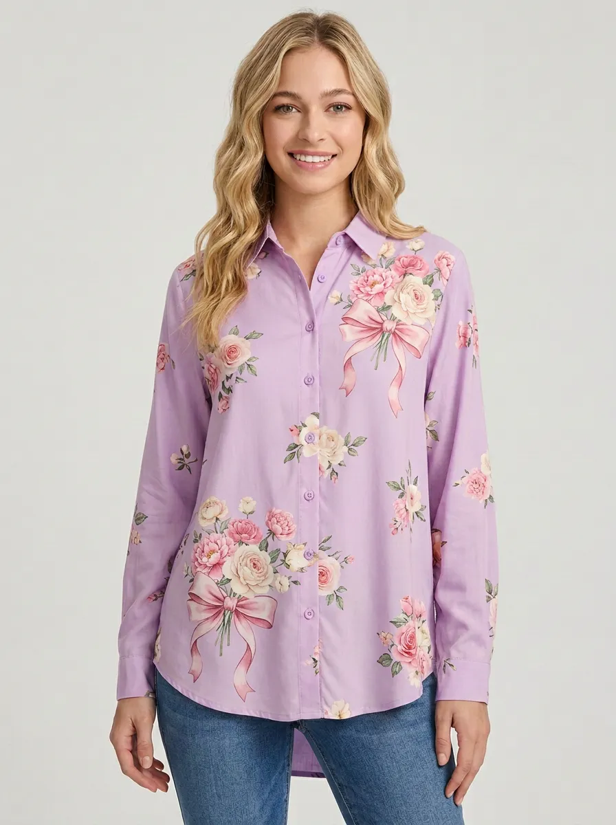 Women's Breast Cancer Awareness Pink Rose Bow Printed Button-Down Shirt