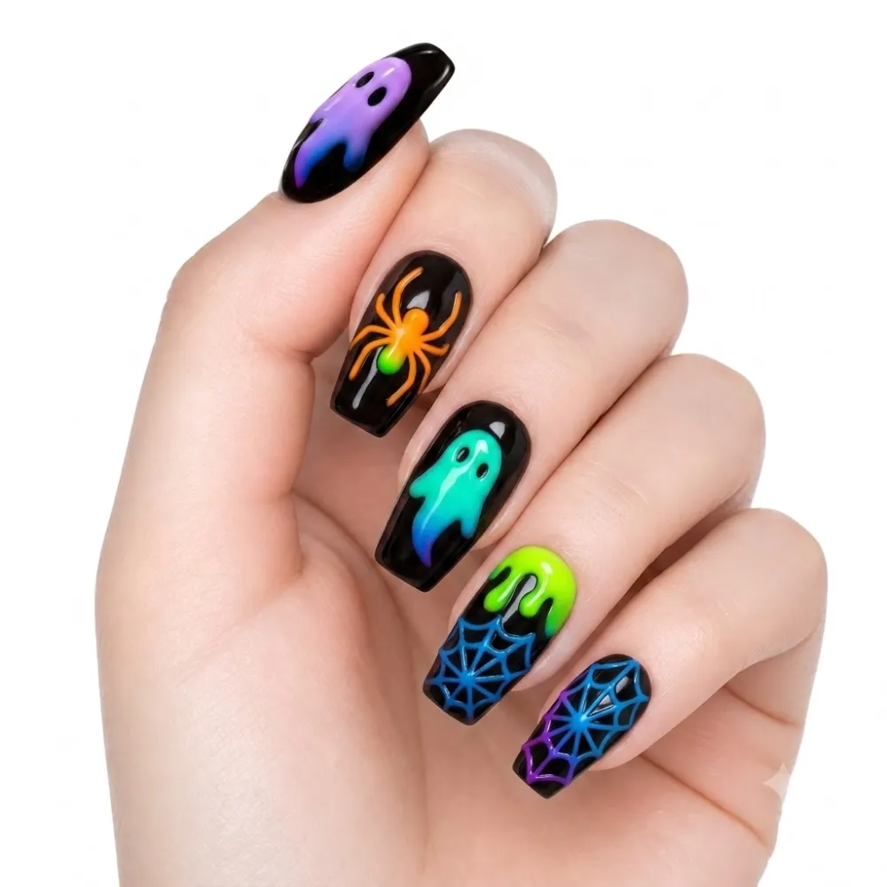 Nailhour 24Pcs Halloween Medium Almond Luminous Ghost Press On Nails