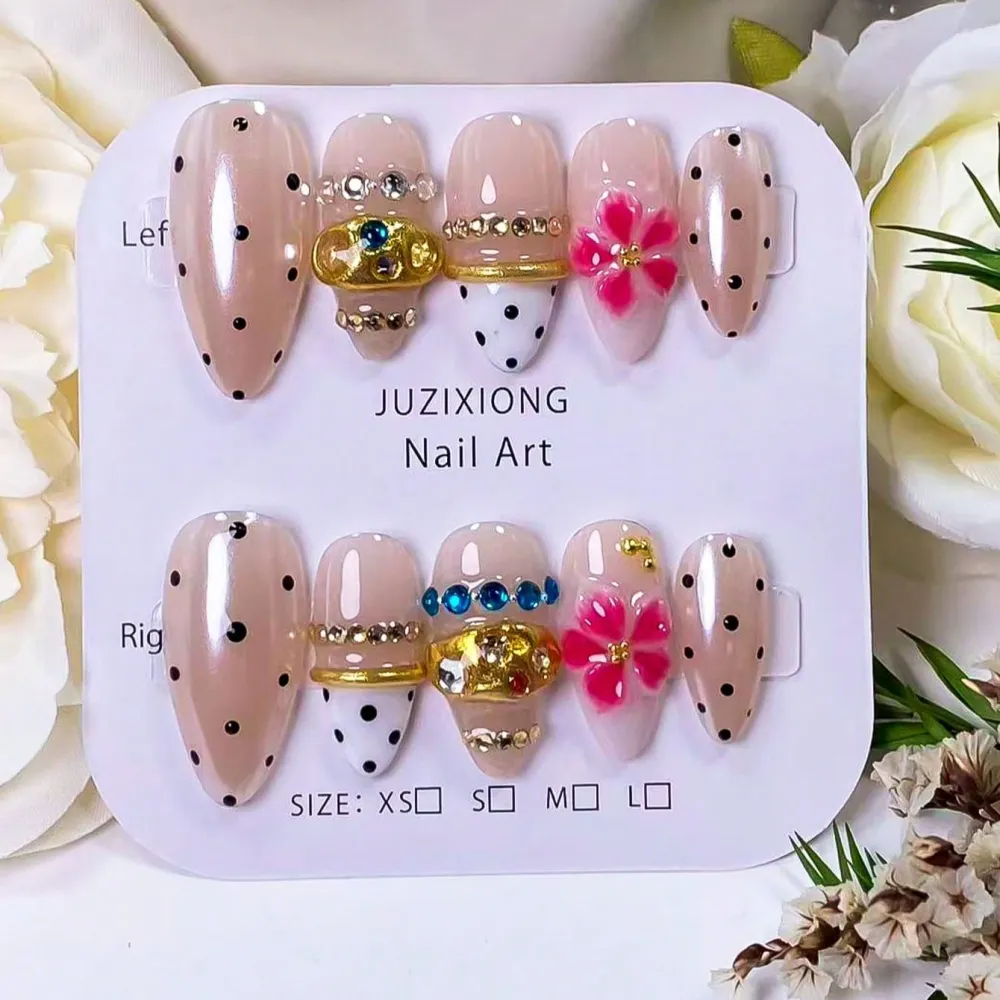 Nailhour 10Pcs Handmade Rhinestone Medium Almond Press On Nails