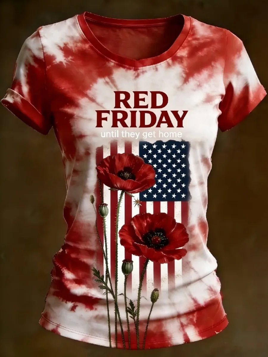 Women's Casual Red Friday Print Short-Sleeve T-Shirt