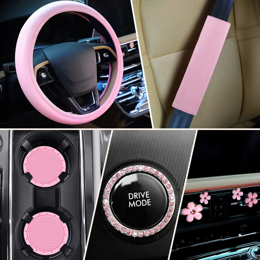 Pink Car Leather Steering Wheel Set