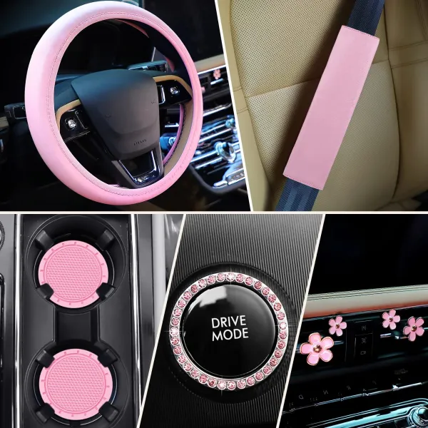 Pink Car Leather Steering Wheel Set