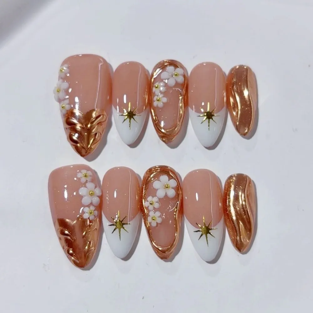 Nailhour 10Pcs Nude 3D Medium Almond Cat Eye Press On Nails