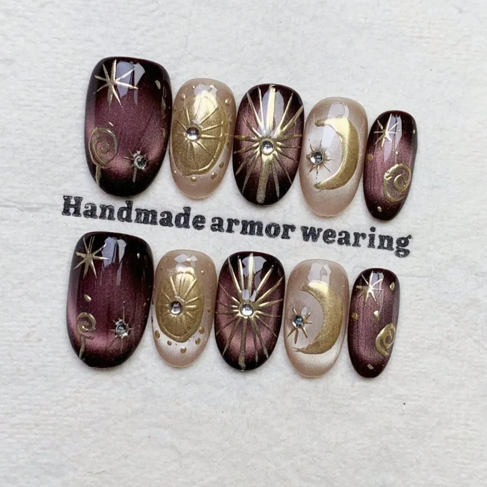 Nailhour 10Pcs Purple Gilded Cat Eye Handmade Medium Oval Press On Nails