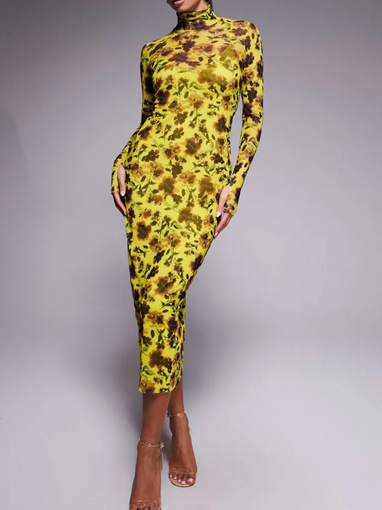 Flower Turtleneck Slim Fit Dress