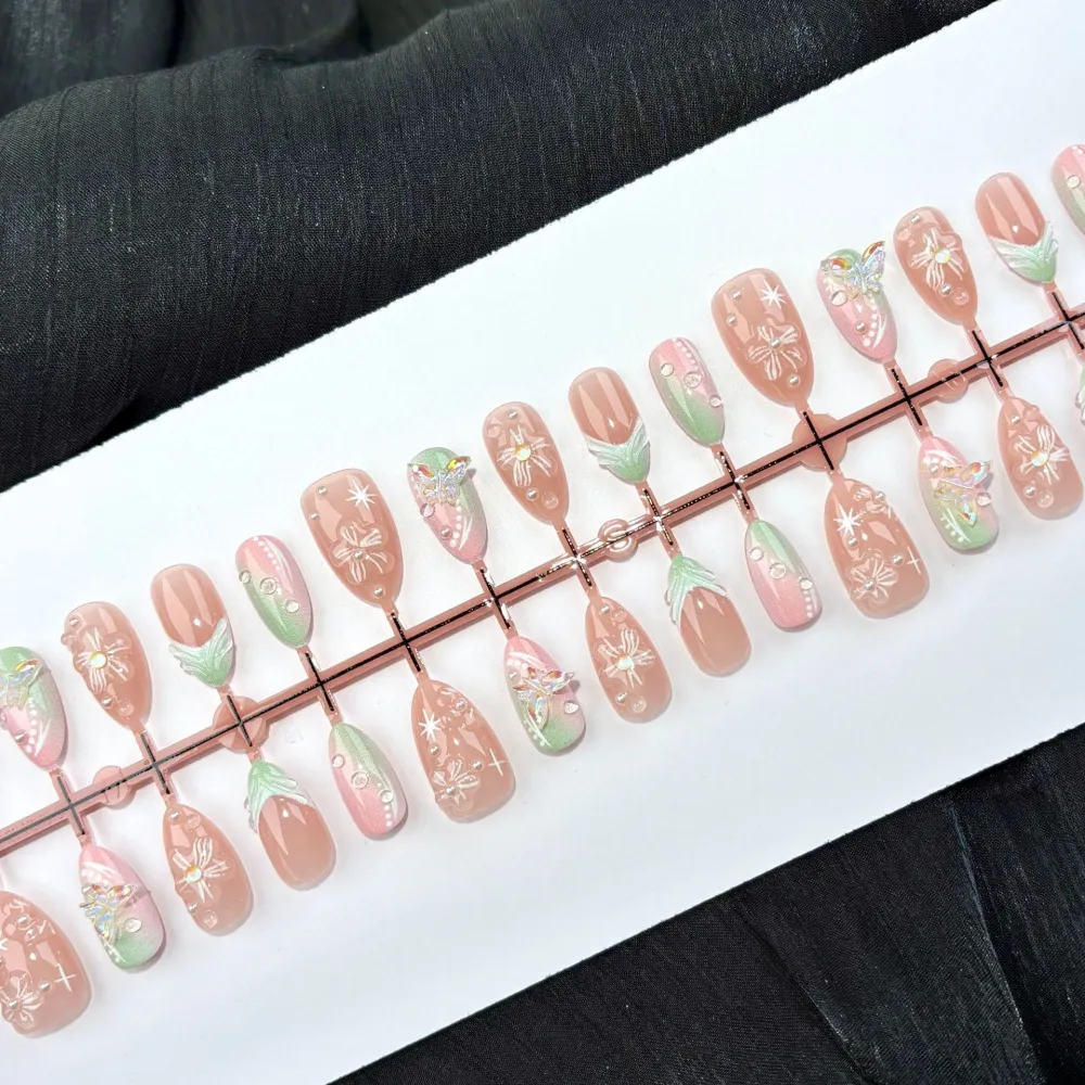 Nailhour 30Pcs Butterfly 3D Medium Almond French Bow Press On Nails