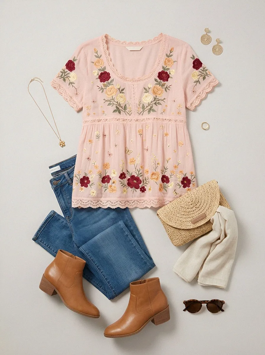 Women's Floral Boho Rose Butterfly Embroidered Printed T-shirt