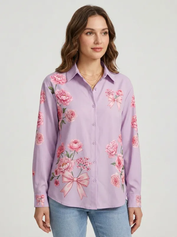 Women's Breast Cancer Awareness Pink Peony Bow Printed Shirt