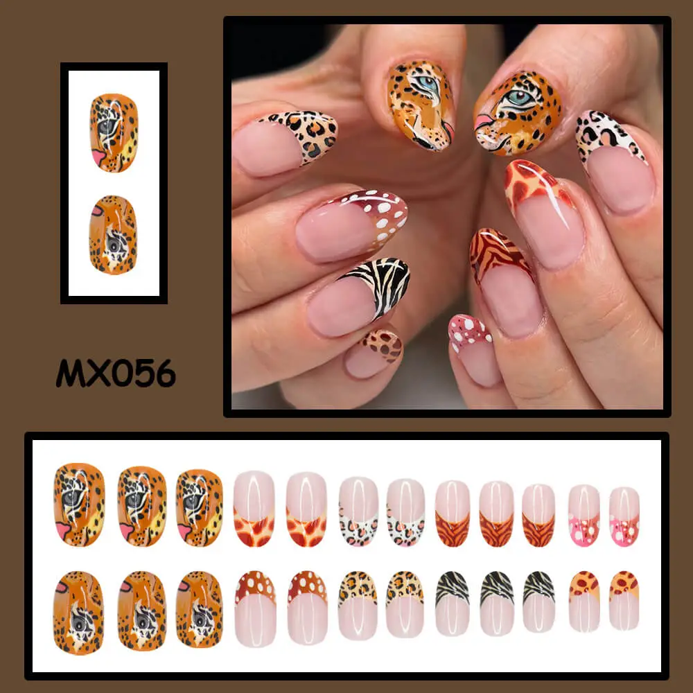 Nailhour 24Pcs Halloween Short Oval Leopard Print French Press On Nails