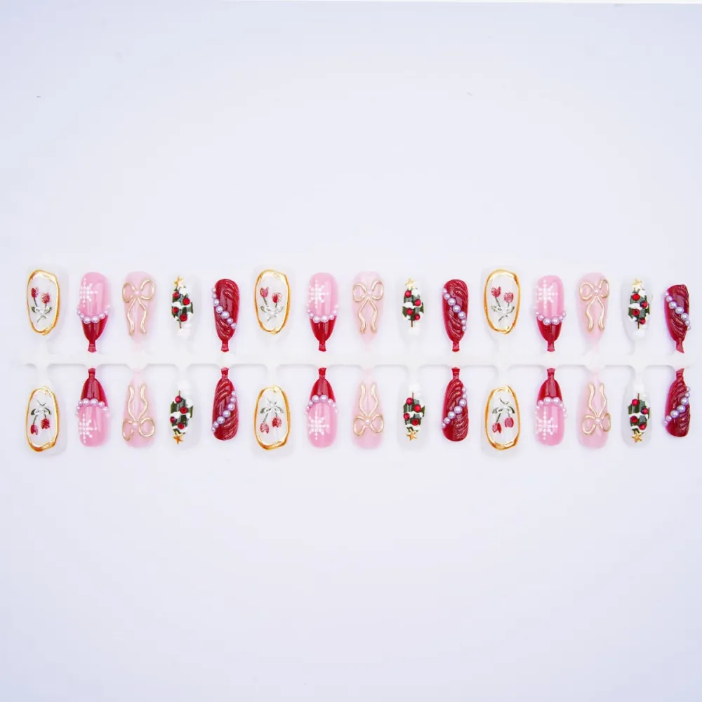 Nailhour 30Pcs Christmas 3D Medium Almond Rhinestone Press On Nails