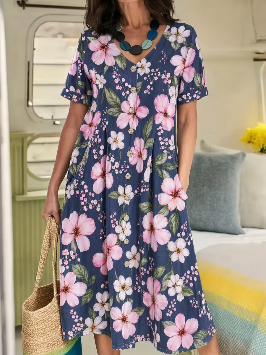 Women's Cotton And Linen Floral Printed Dress