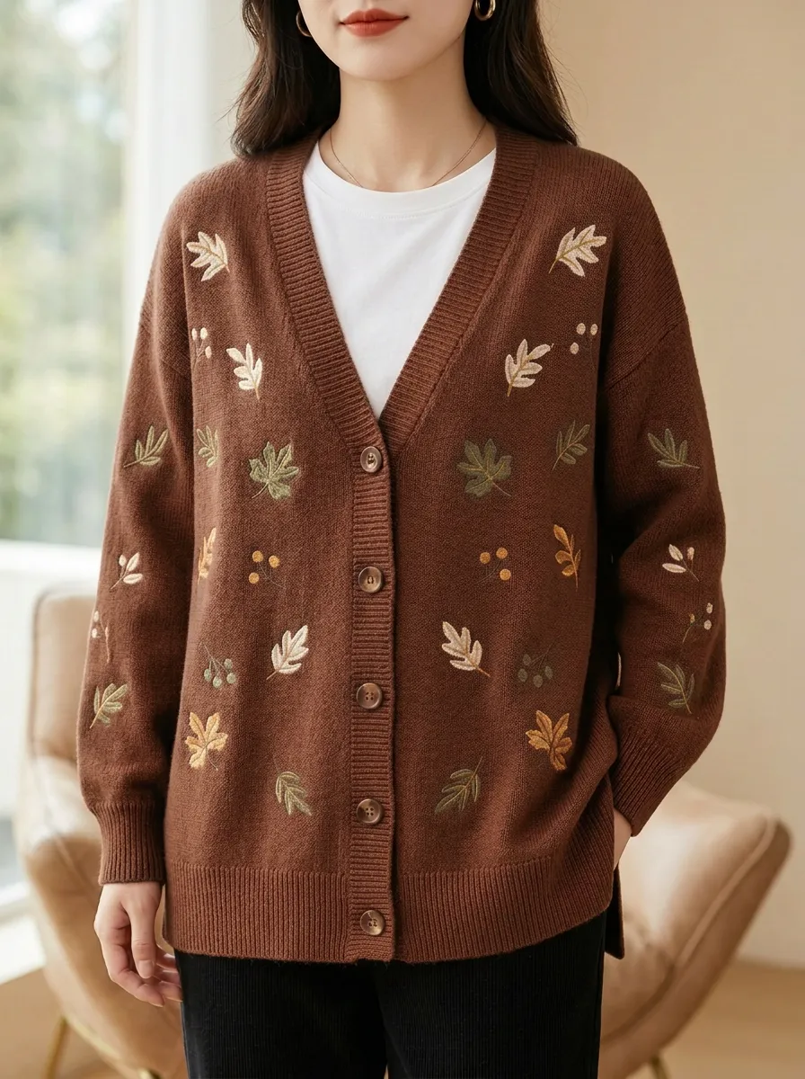 Rust Leaf Embroidered Women's Knit Cardigan