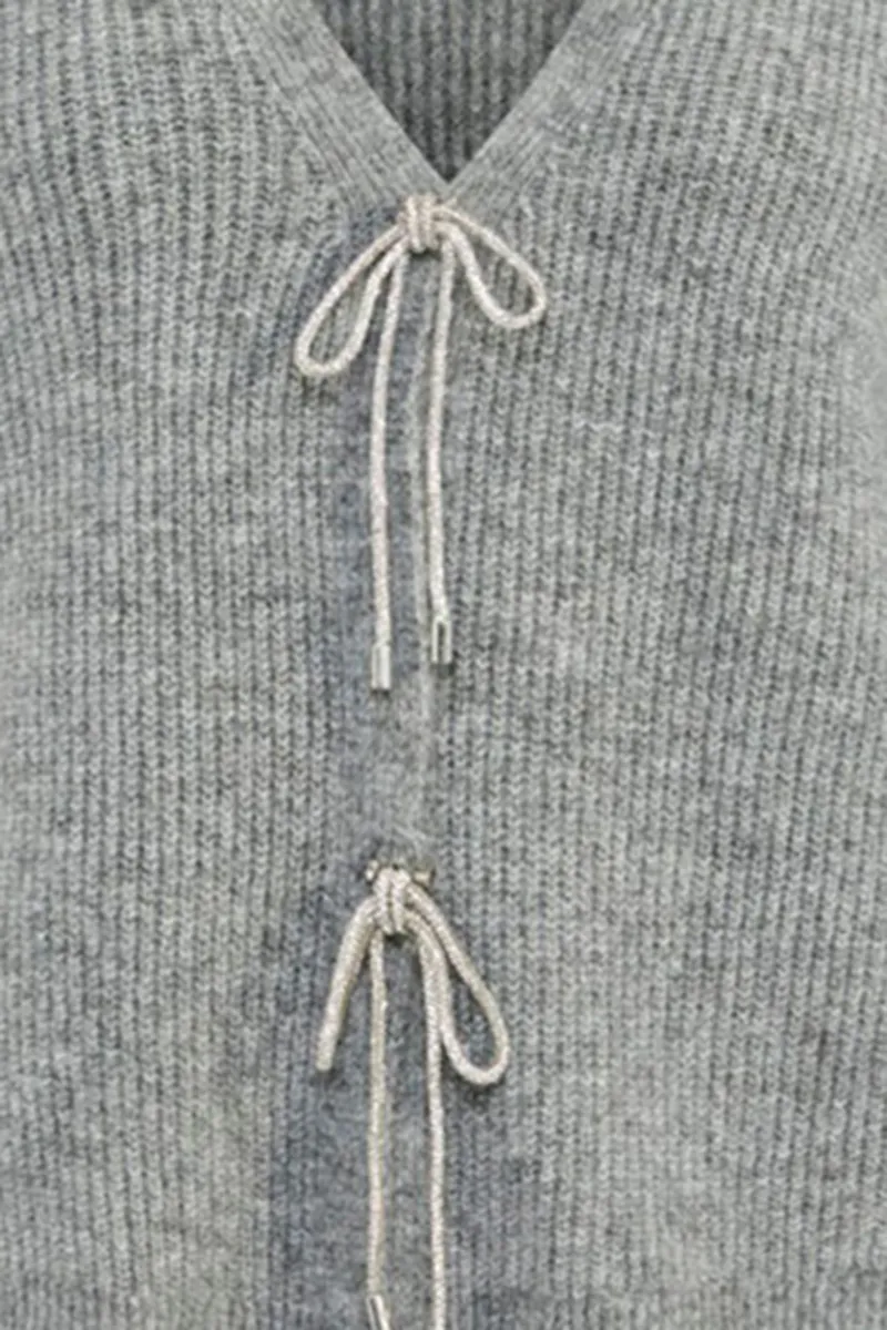 Grey Tie Front V-Neck Knit Cardigans