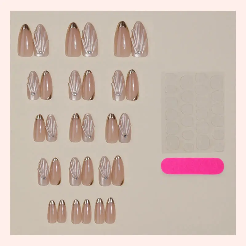 Nailhour 24Pcs Nude Gilded  Medium Almond Press On Nails