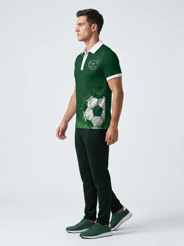 Men's Soccer Lover Green Hexagon Football Printed Polo Shirt
