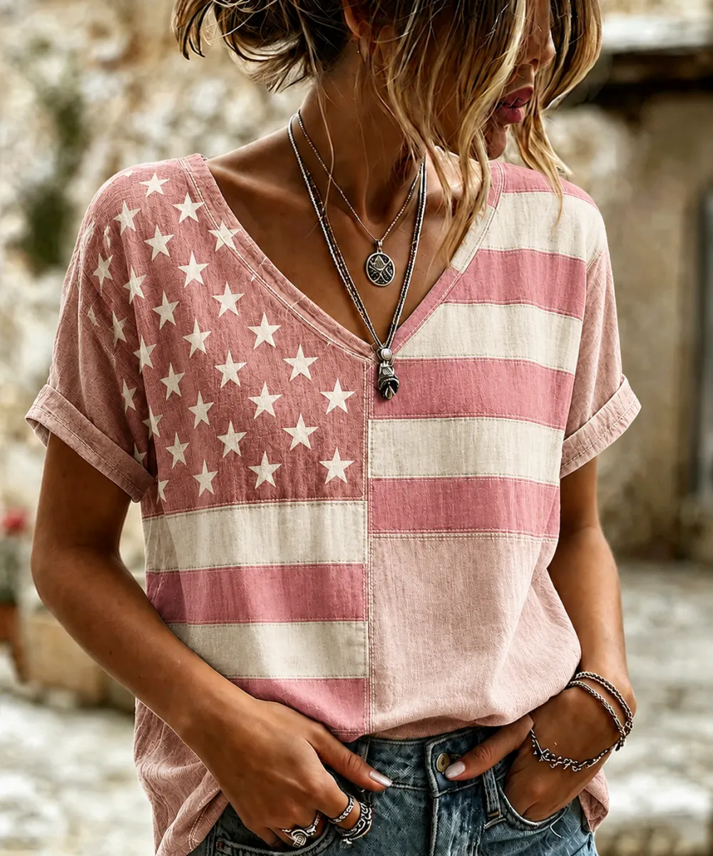 Women'S Retro Independence Day Printed Casual Short Sleeved T-Shirt