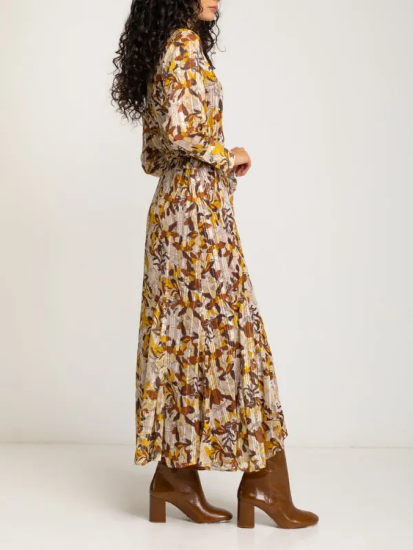 Long-Sleeve Leaf Print Maxi Dress