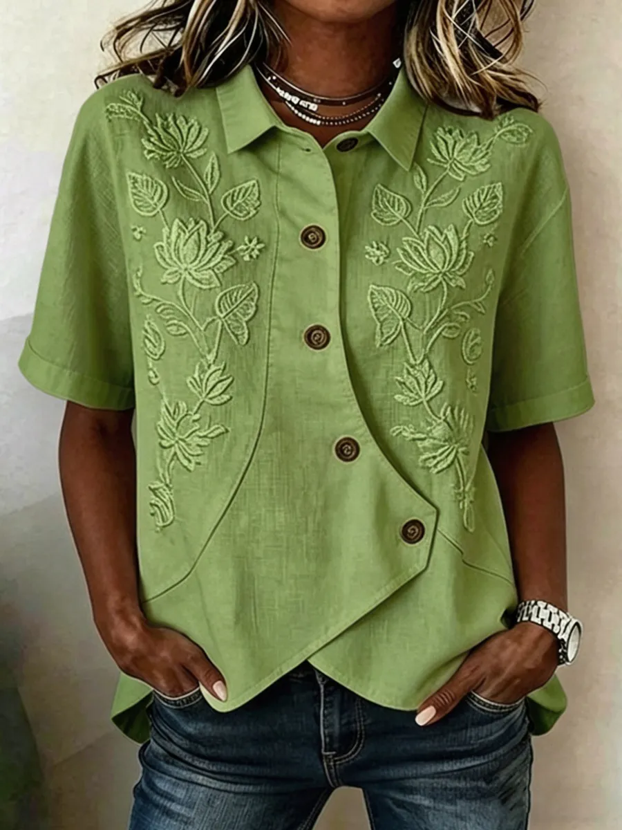Women's Floral Art Short-Sleeve Linen Shirt