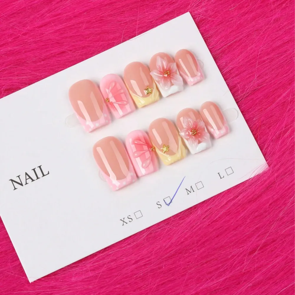 Nailhour 10Pcs French Y2K 3D Floral Handmade Medium Square Press On Nails