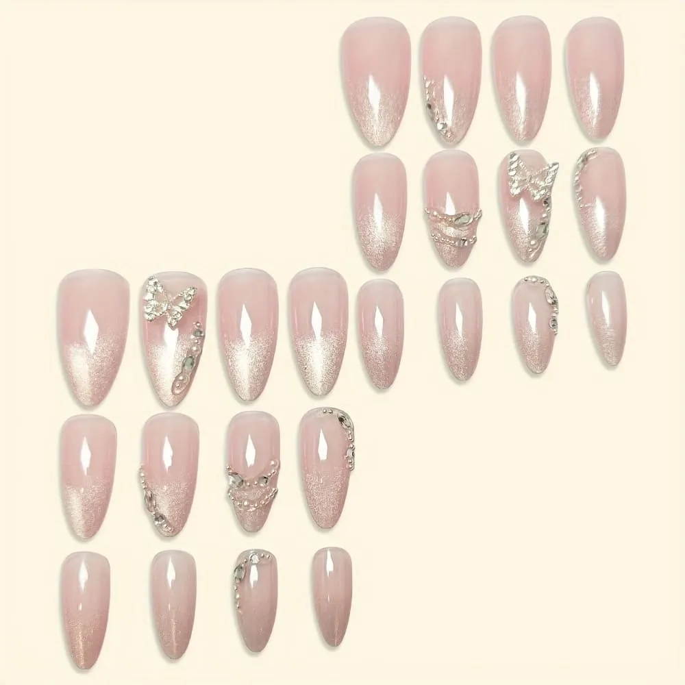 Nailhour 24Pcs French Glitter Nude Rhinestone Medium Almond Press On Nails