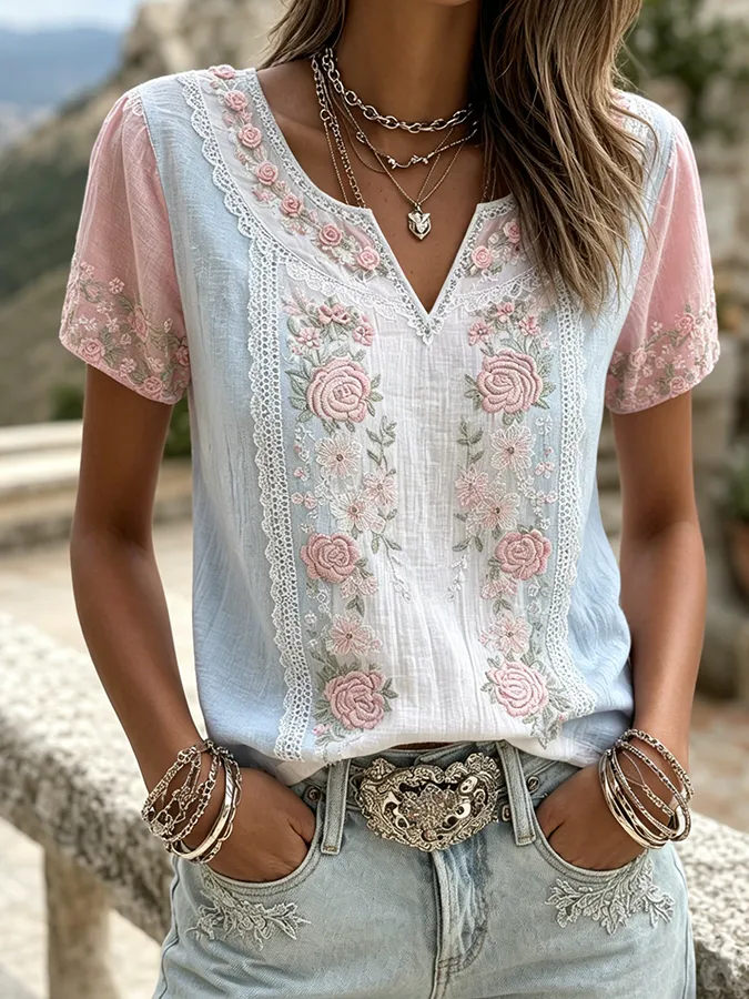 Women's casual cotton and linen short sleeved shirt