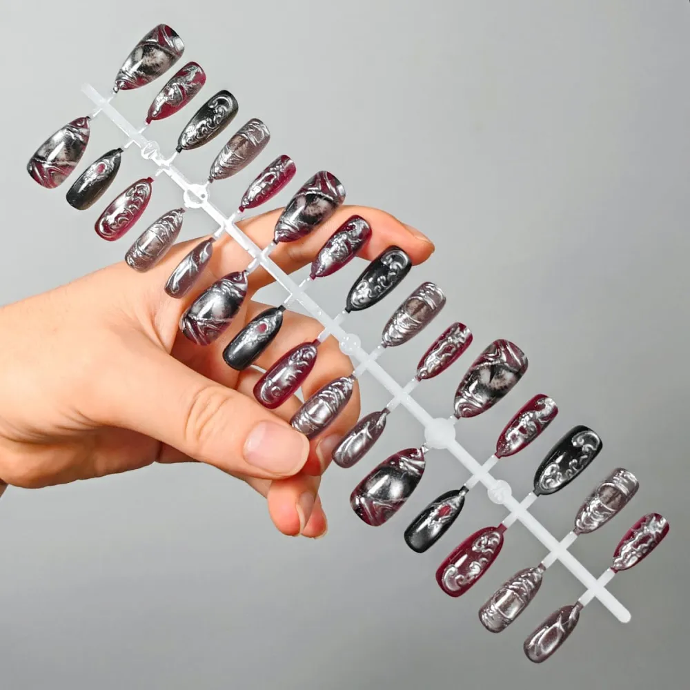 Nailhour 30Pcs Gilded 3D Medium Almond Dark Y2K Press On Nails