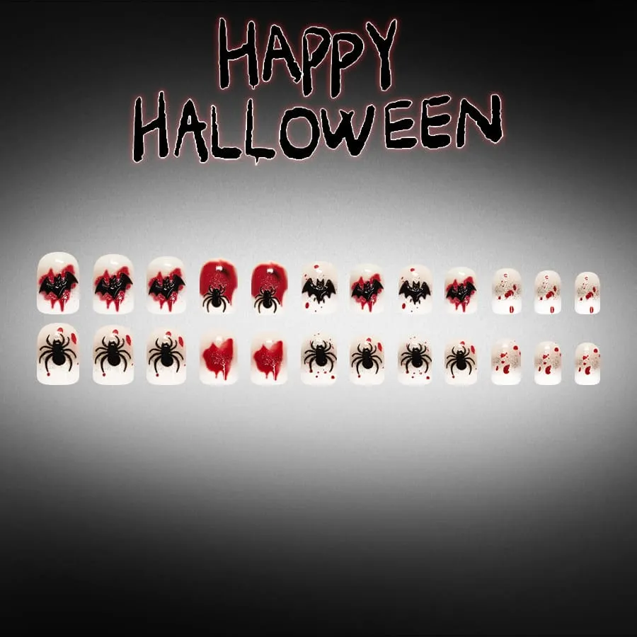 Nailhour 24Pcs Glossy French 3D Bat Halloween Short Square Press On Nails