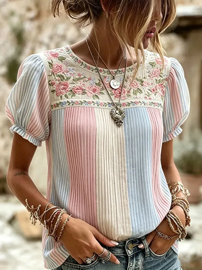 Women's Boho Floral Patchwork Embroidered Puff Sleeve Top