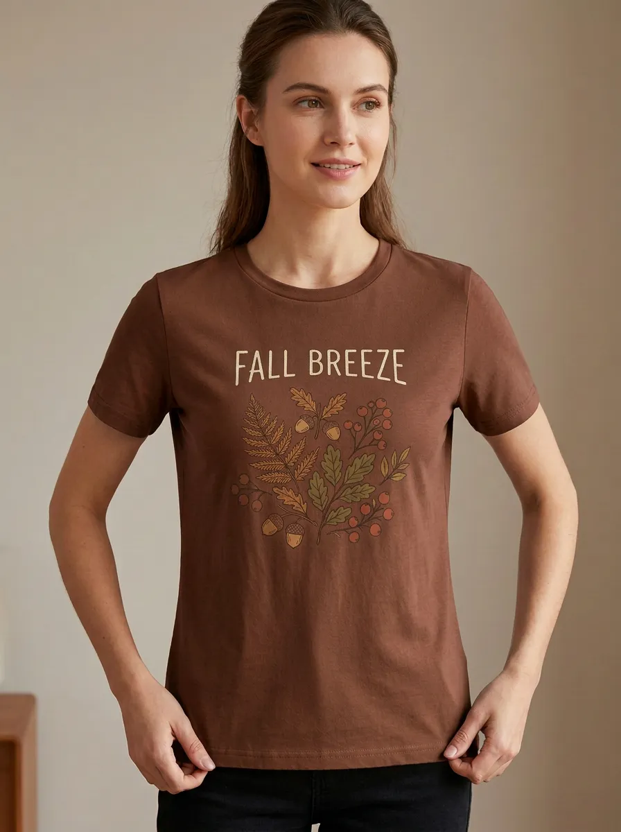 Botanical Acorn Leaf Printed Women's Graphic T-Shirt