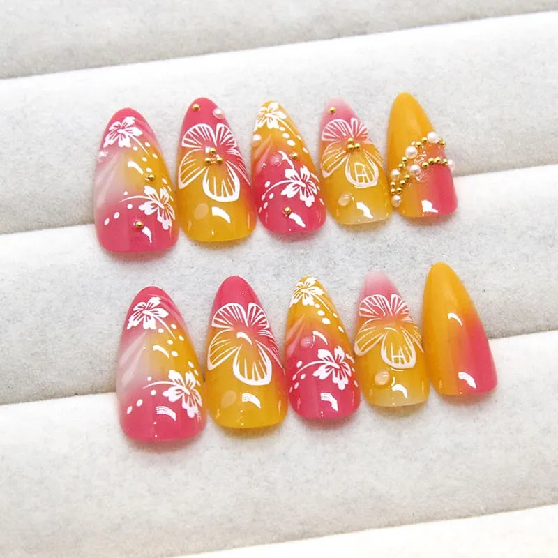 Nailhour 24Pcs Floral 3D Medium Almond French Gilded Press On Nails
