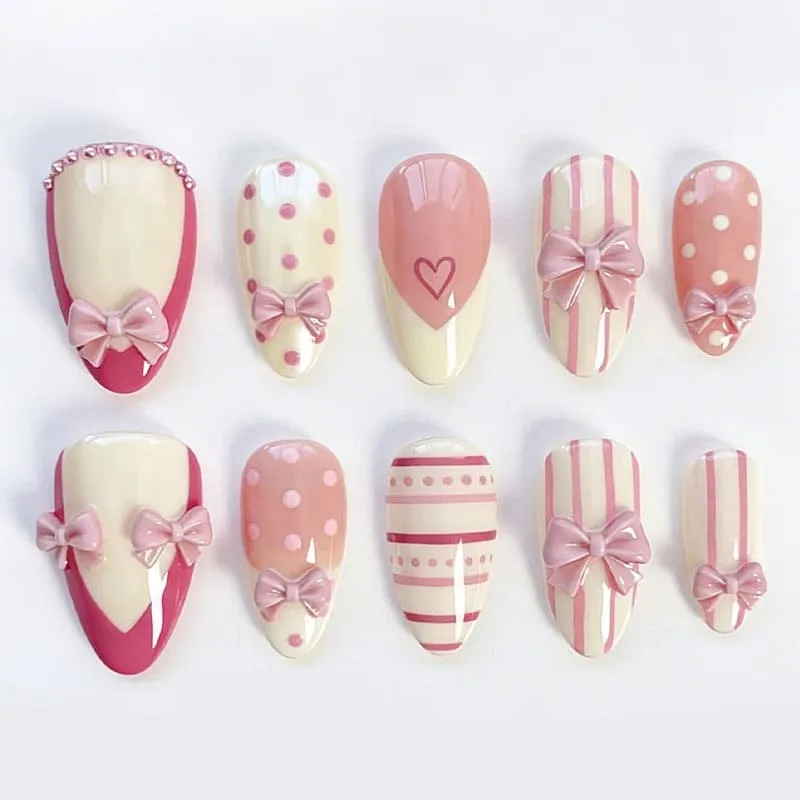 Nailhour 30Pcs 3D Butterfly Bow Medium Almond French Press On Nails