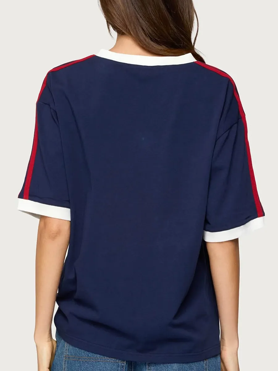 Women's Letter-Printed Color-Blocking V-Neck T-Shirt