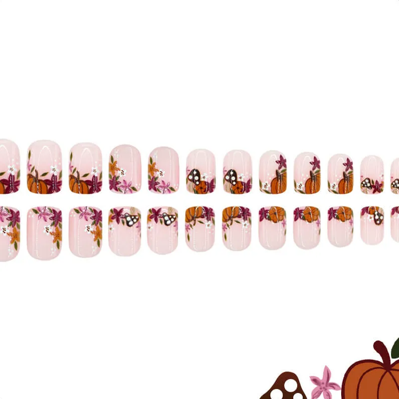 Nailhour 24Pcs Autumn Pumpkin Blossom Short Square Press On Nails