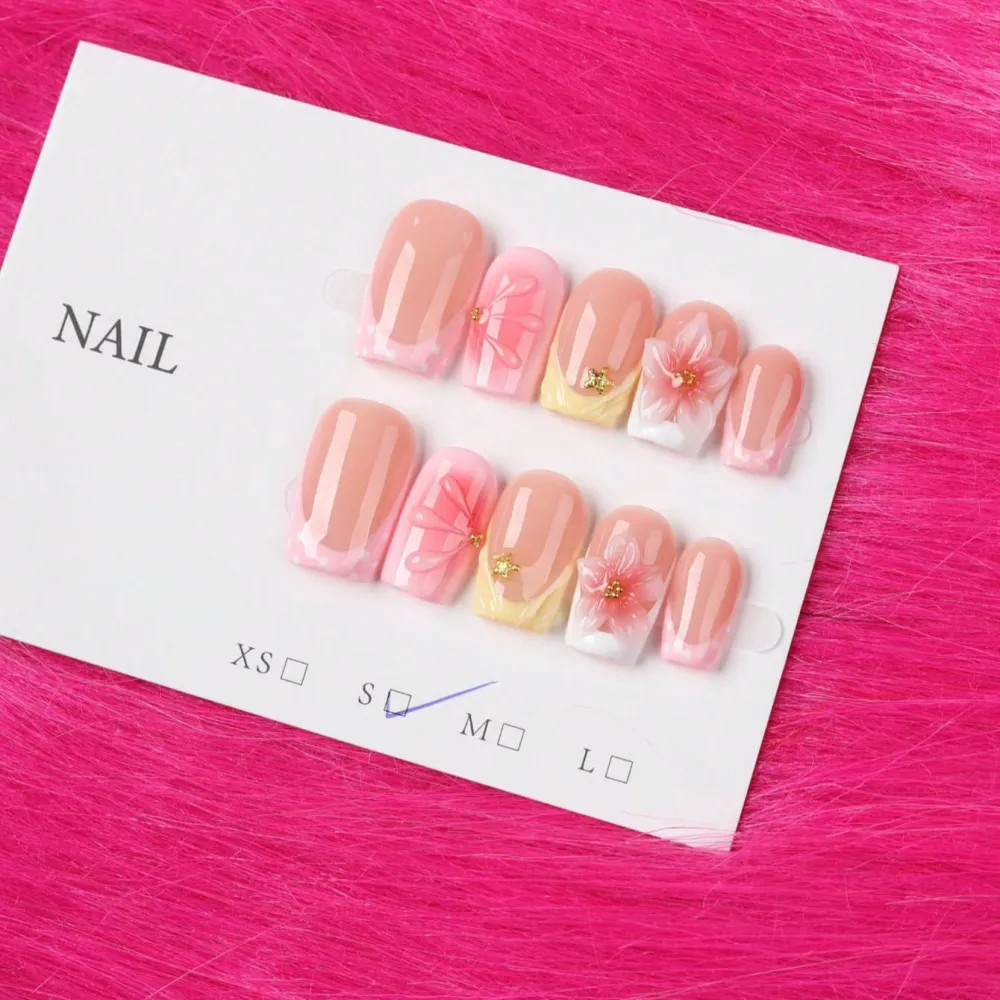 Nailhour 10Pcs French Y2K 3D Floral Handmade Medium Square Press On Nails