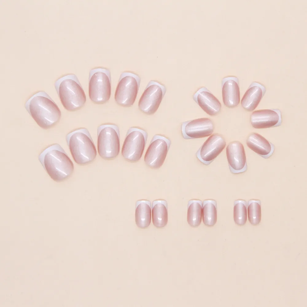 Nailhour 24Pcs Short Square French Light Pink Pearlescen Press On Nails