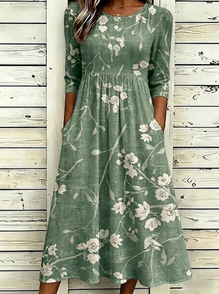 Women's Floral Summer Dress Crew Neck Half Sleeve A-Line Dress