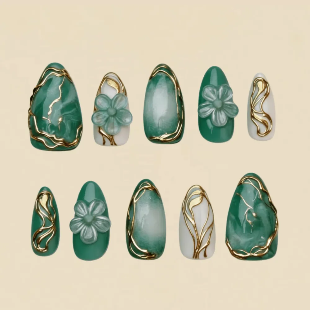 Nailhour 10Pcs Handmade Medium Almond 3D Gold Plated Press On Nails