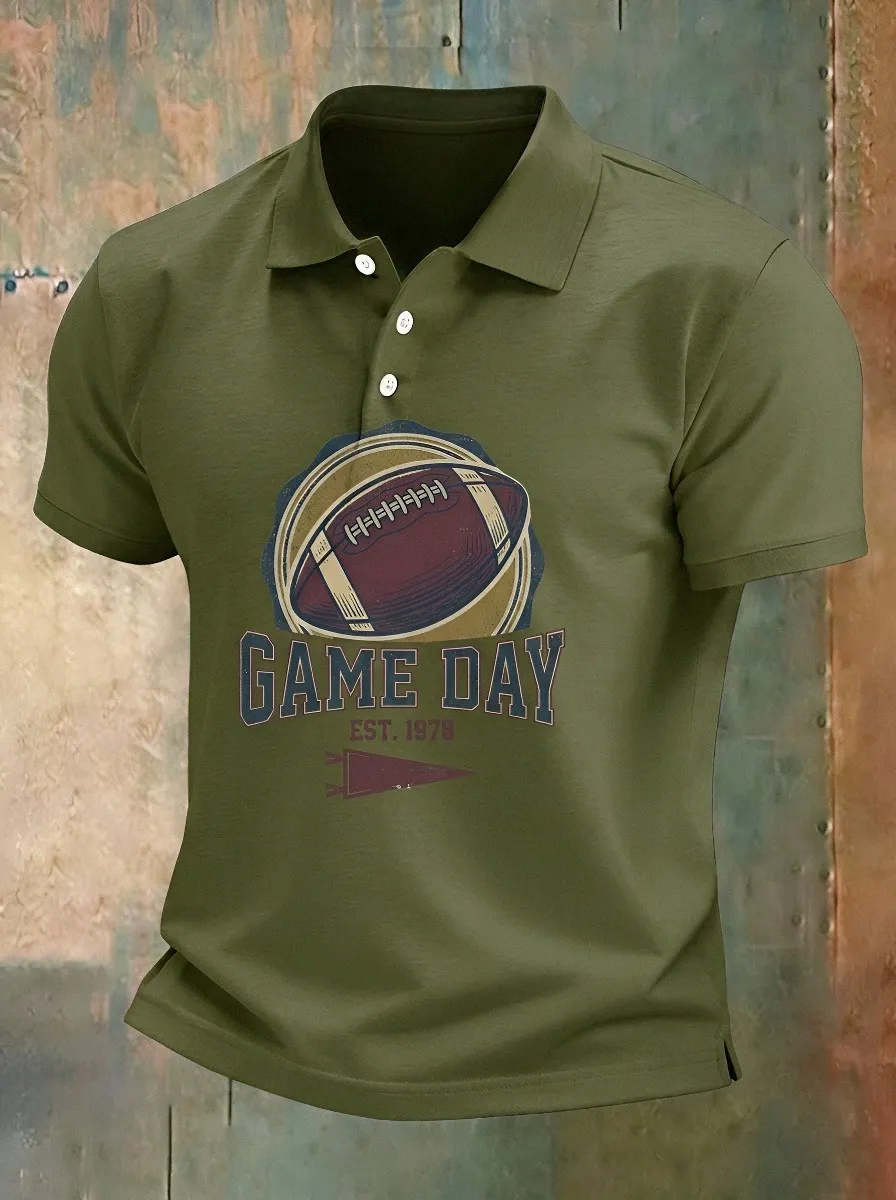 Men's American Football Game Day Vintage Logo Printed Polo Shirt
